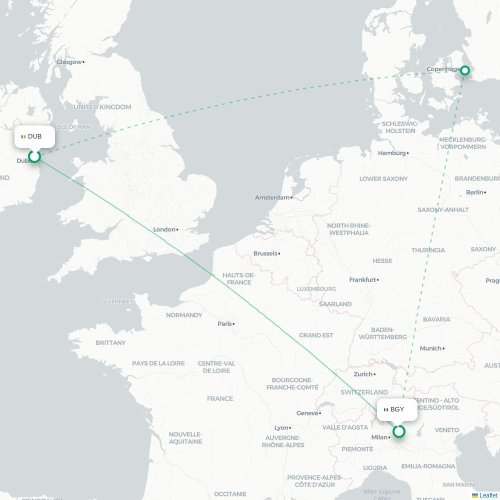 Mapa lotu bezpośredniego Dublin – Bergamo