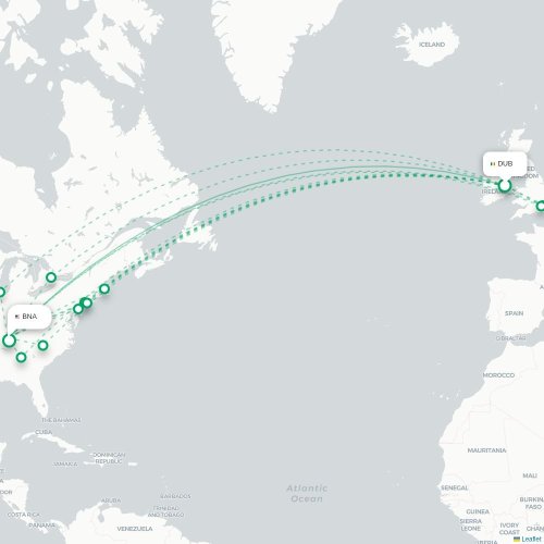 Mapa de vuelo directo Dublín - Nashville