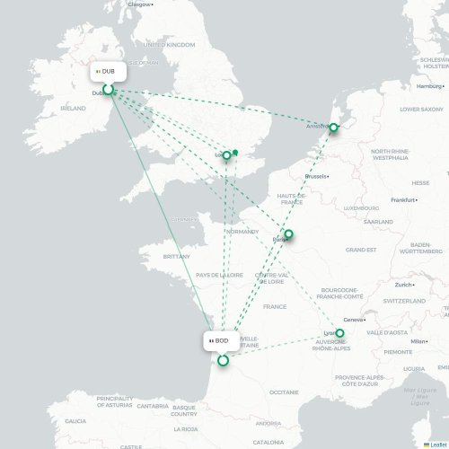 Dublin - Bordeaux carte du vol direct