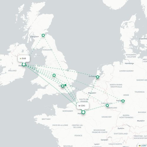 Dublin - Paris carte du vol direct