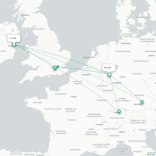 Mapa lotu bezpośredniego Dublin – Kolonia