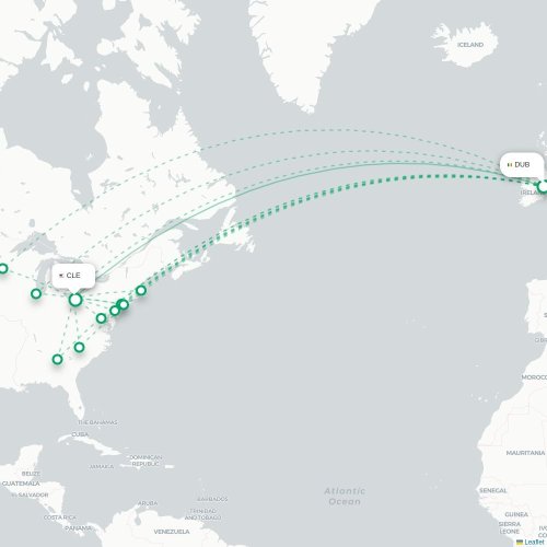 Mapa de vuelo directo Dublín - Cleveland
