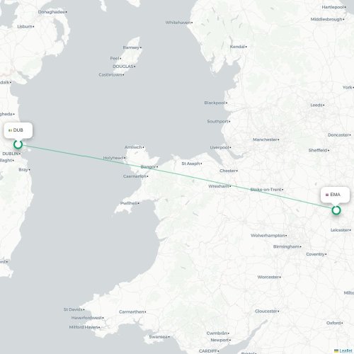 Mapa lotu bezpośredniego Dublin – Nottingham