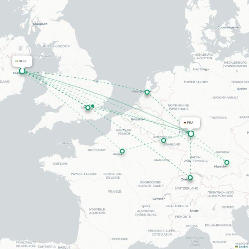 Mapa lotu bezpośredniego Dublin – Frankfurt nad Menem