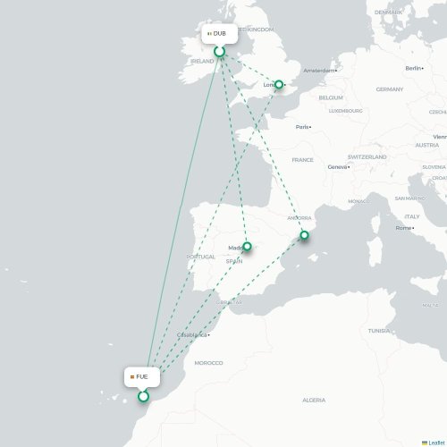 Mapa lotu bezpośredniego Dublin – Puerto del Rosario