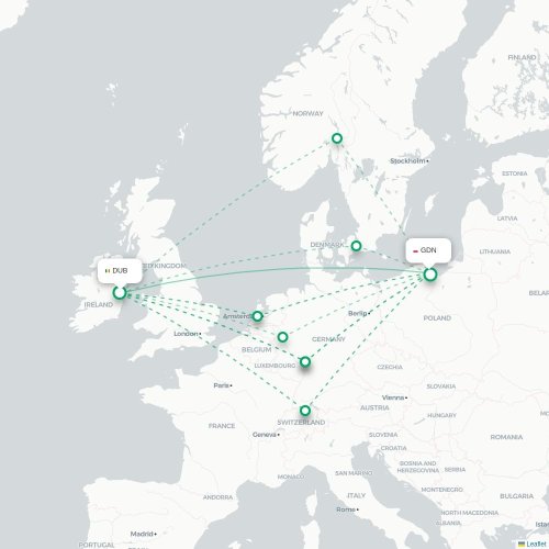 Mapa de vuelo directo Dublín - Gdansk