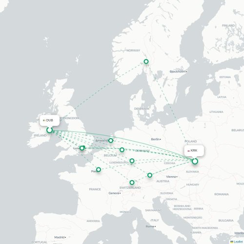 Mapa de vuelo directo Dublín - Cracovia
