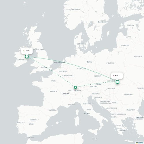 Dublin - Košice kort over direkte fly
