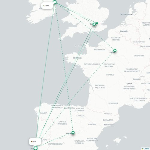 Mapa lotu bezpośredniego Dublin – Lizbona