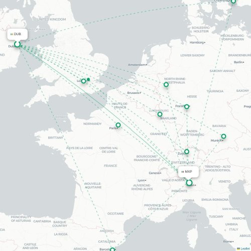 Mapa lotu bezpośredniego Dublin – Mediolan