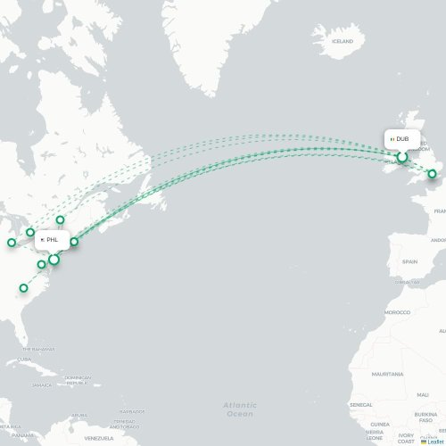 Mapa de vuelo directo Dublín - Filadelfia