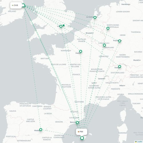 Mapa lotu bezpośredniego Dublin – Palma de Mallorca