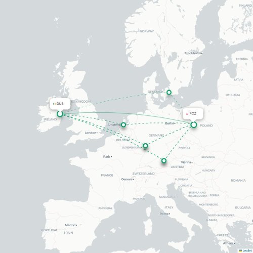 Mapa de vuelo directo Dublín - Posnania