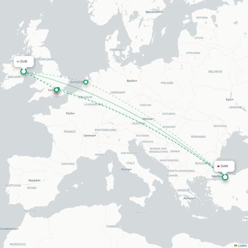 Mapa lotu bezpośredniego Dublin – Stambuł