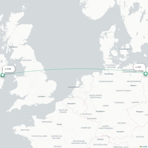 Mapa de vuelo directo Dublín - Szczecin
