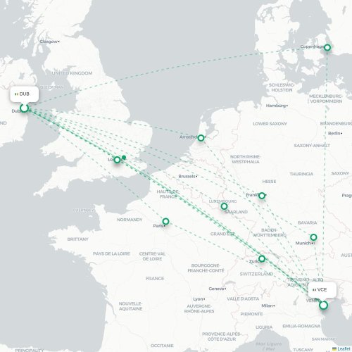 Mapa lotu bezpośredniego Dublin – Wenecja
