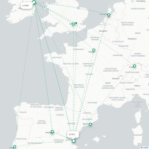 Mapa de vuelo directo Dublín - Valencia