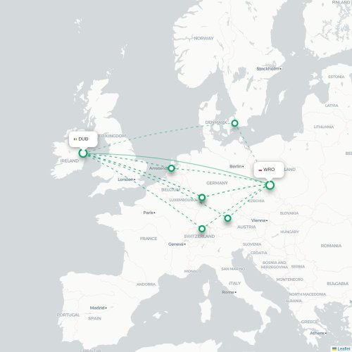 Mapa de vuelo directo Dublín - Wrocław