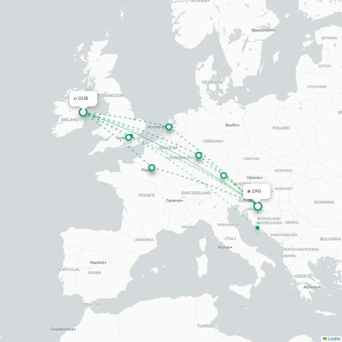 Dublin - Zagreb kaart van rechtstreekse vlucht
