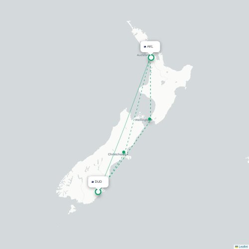 Dunedin - Auckland kort over direkte fly