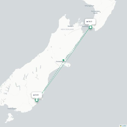 Dunedin - Wellington kort over direkte fly