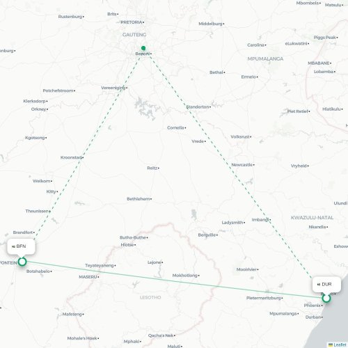 Durban - Bloemfontein direct flight map