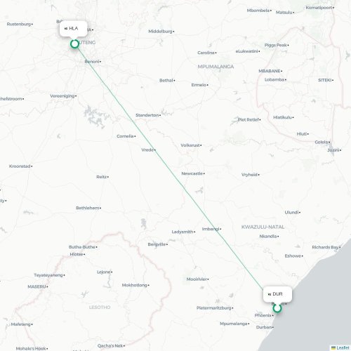Durban - Johannesburg direct flight map