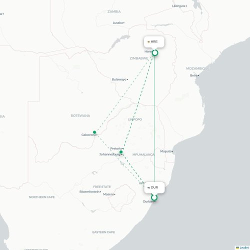 Mapa lotu bezpośredniego Durban – Harare