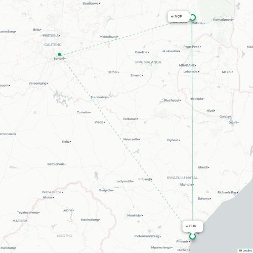 Durban - Nelspruit direct flight map