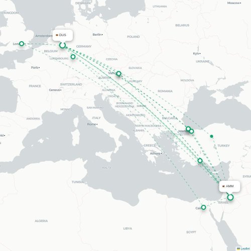 Dusseldorf - Amman karta över direktflyg