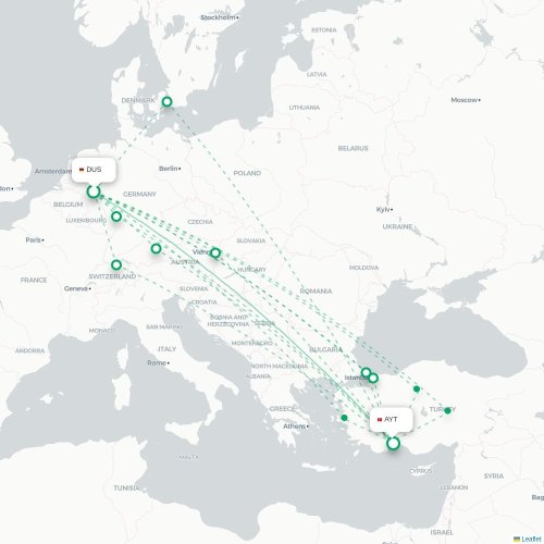 Mapa de vuelo directo Düsseldorf - Antalya