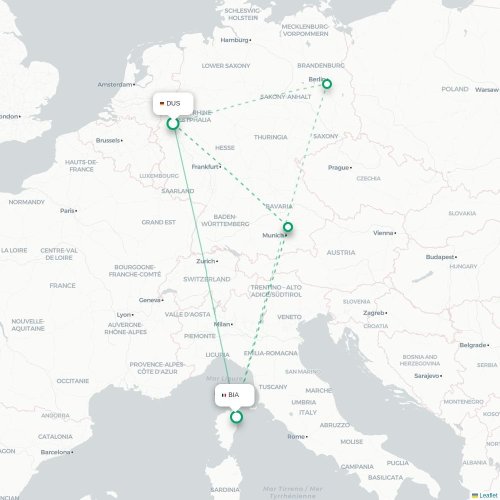 Mapa lotu bezpośredniego Düsseldorf – Bastia