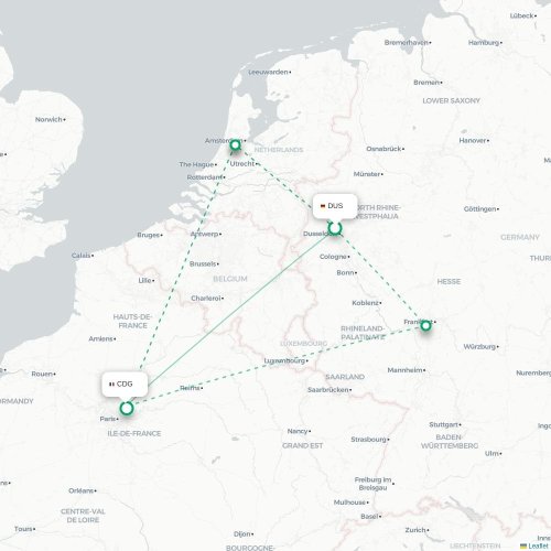 Mapa lotu bezpośredniego Düsseldorf – Paryż