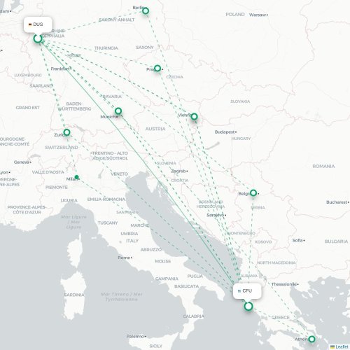Mapa de vuelo directo Düsseldorf - Corfú, Corfú