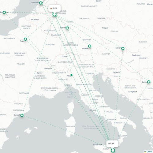 Düsseldorf - Catania direct flight map