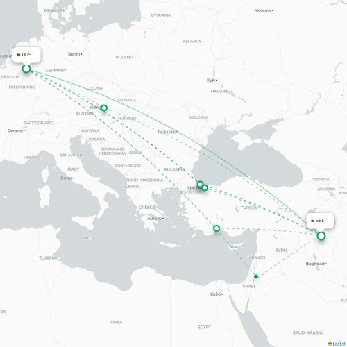 Düsseldorf - Erbil kort over direkte fly
