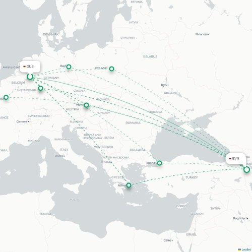 Mapa de vuelo directo Düsseldorf - Ereván
