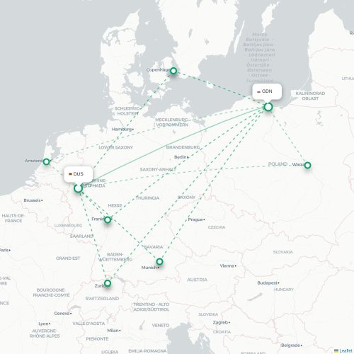 Mapa de vuelo directo Düsseldorf - Gdansk