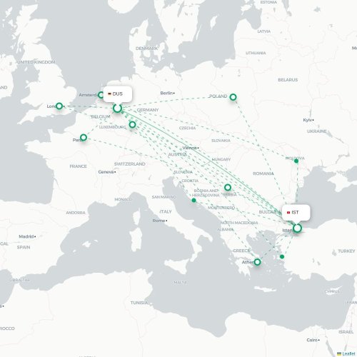 Mapa de vuelo directo Düsseldorf - Estambul