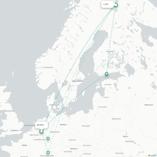 Mapa lotu bezpośredniego Düsseldorf – Ivalo