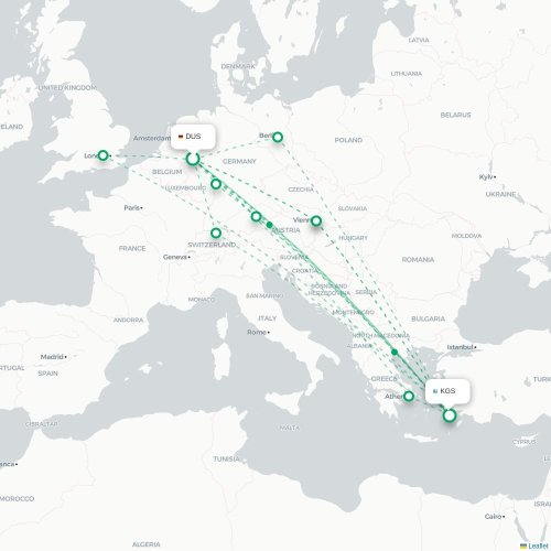 Mapa de vuelo directo Düsseldorf - Kos