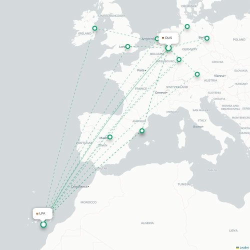 Mapa de vuelo directo Düsseldorf - Las Palmas de Gran Canaria