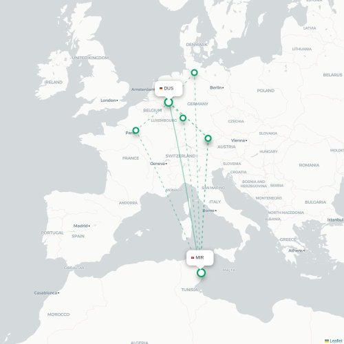 Mapa lotu bezpośredniego Düsseldorf – Monastyr