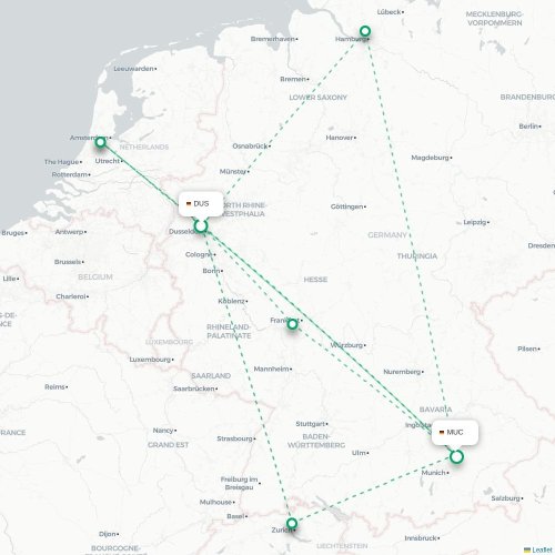 Mapa lotu bezpośredniego Düsseldorf – Monachium
