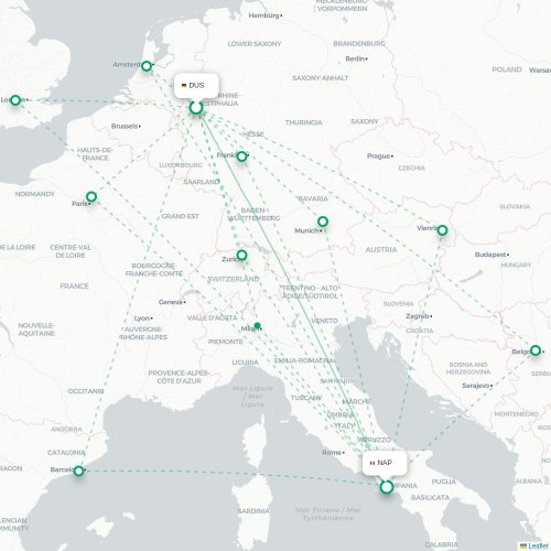Mapa lotu bezpośredniego Düsseldorf – Neapol
