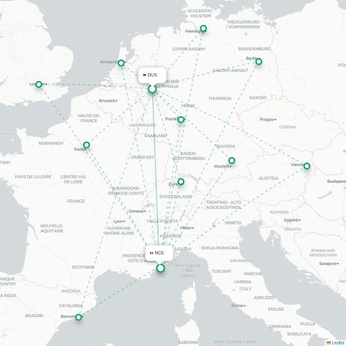 Mapa lotu bezpośredniego Düsseldorf – Nicea