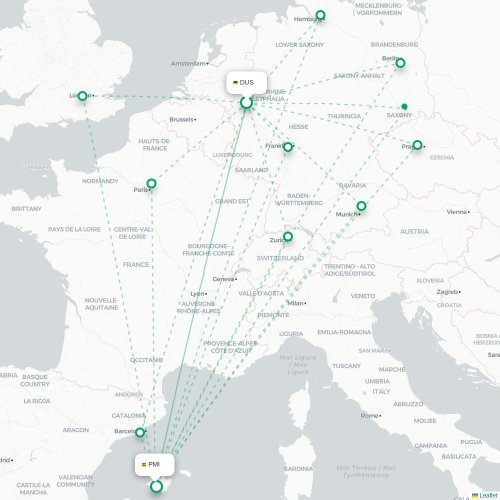 Mapa de vuelo directo Düsseldorf - Palma