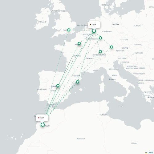 Mapa de vuelo directo Düsseldorf - Marrakech