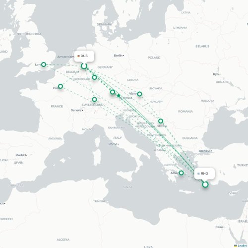 Mapa de vuelo directo Düsseldorf - Rodas