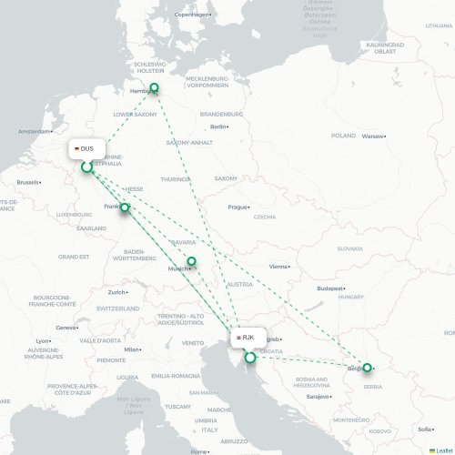 Mapa lotu bezpośredniego Düsseldorf – Rijeka